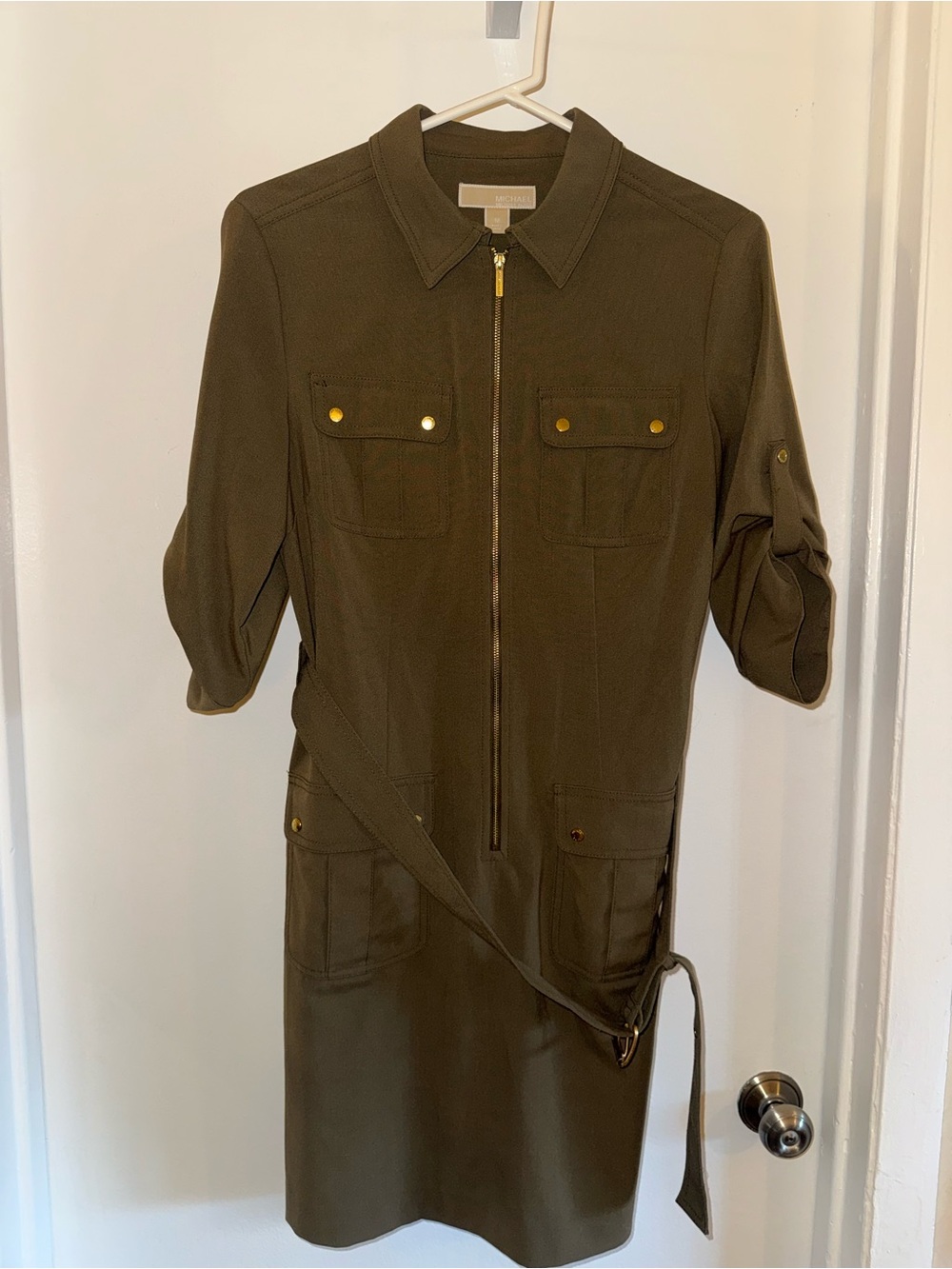 MICHAEL Michael Kors Olive Green Utility Shirt Dress Belted Cargo Size M